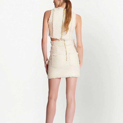 Ivory Tweed Crop Top Jacket + Mini Skirt Suit