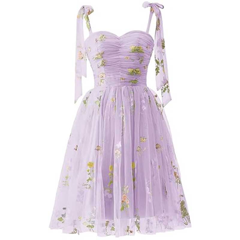 Women Tie Strap Tulle Prom Dresses Flower Embroidery Dress Short Formal Homecoming Dresses