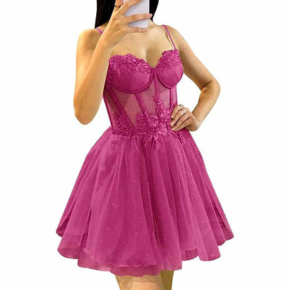 3D Flowers Glitte Tulle Homecoming Dress Spaghetti Straps Sweetheart Short Prom Dress