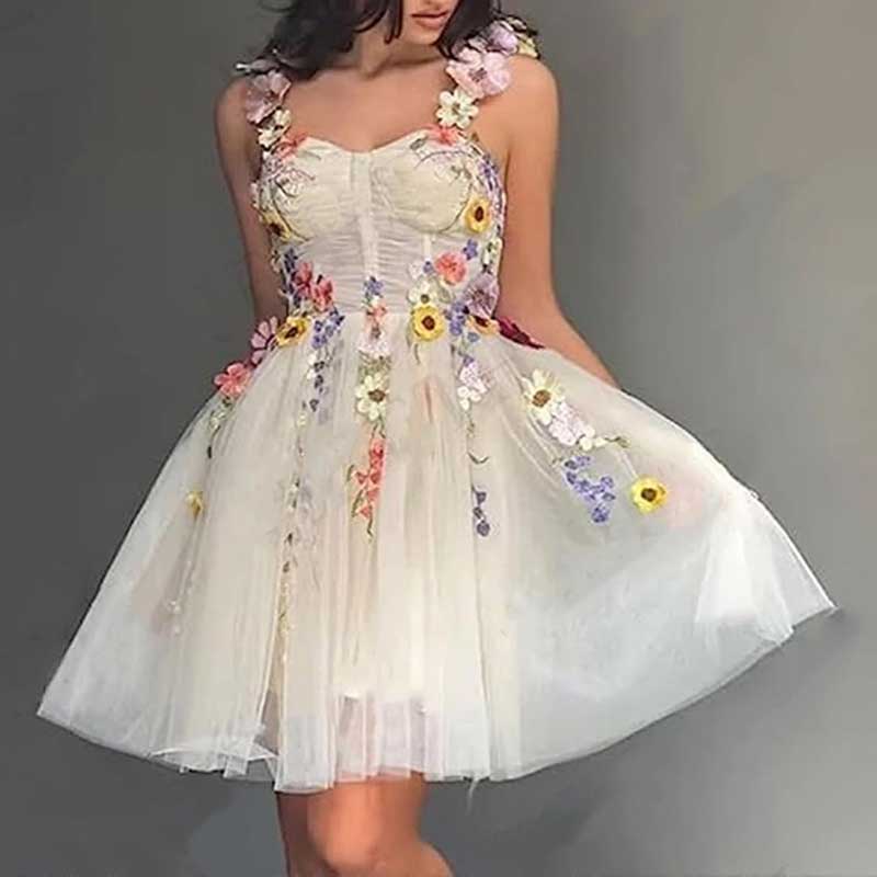 3D Flowers Spaghetti Straps Prom Dress A-line Wedding Gown Birthday Party Dress Tulle Evening Dress