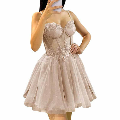 3D Flowers Glitte Tulle Homecoming Dress Spaghetti Straps Sweetheart Short Prom Dress