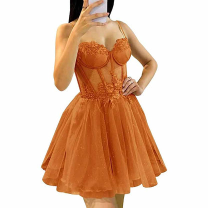 3D Flowers Glitte Tulle Homecoming Dress Spaghetti Straps Sweetheart Short Prom Dress