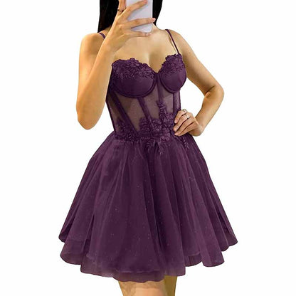 3D Flowers Glitte Tulle Homecoming Dress Spaghetti Straps Sweetheart Short Prom Dress