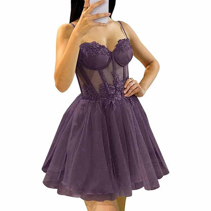 3D Flowers Glitte Tulle Homecoming Dress Spaghetti Straps Sweetheart Short Prom Dress