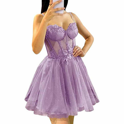 3D Flowers Glitte Tulle Homecoming Dress Spaghetti Straps Sweetheart Short Prom Dress