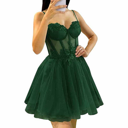 3D Flowers Glitte Tulle Homecoming Dress Spaghetti Straps Sweetheart Short Prom Dress