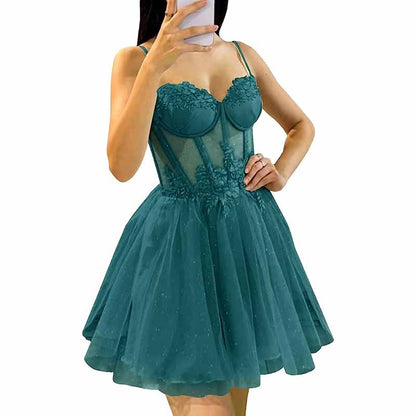 3D Flowers Glitte Tulle Homecoming Dress Spaghetti Straps Sweetheart Short Prom Dress