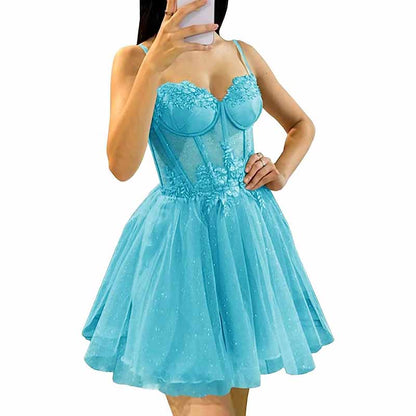 3D Flowers Glitte Tulle Homecoming Dress Spaghetti Straps Sweetheart Short Prom Dress