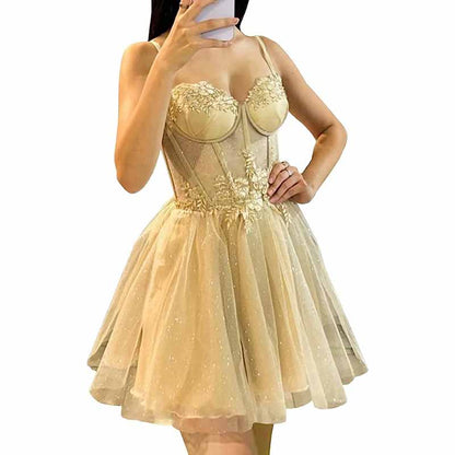 3D Flowers Glitte Tulle Homecoming Dress Spaghetti Straps Sweetheart Short Prom Dress