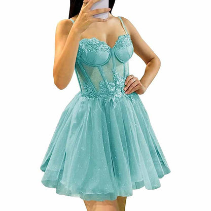 3D Flowers Glitte Tulle Homecoming Dress Spaghetti Straps Sweetheart Short Prom Dress