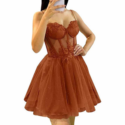 3D Flowers Glitte Tulle Homecoming Dress Spaghetti Straps Sweetheart Short Prom Dress