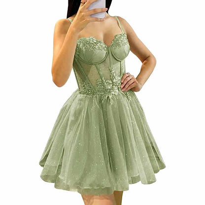 3D Flowers Glitte Tulle Homecoming Dress Spaghetti Straps Sweetheart Short Prom Dress