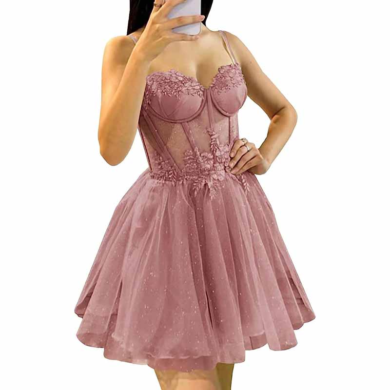 3D Flowers Glitte Tulle Homecoming Dress Spaghetti Straps
