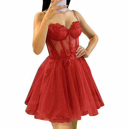 3D Flowers Glitte Tulle Homecoming Dress Spaghetti Straps Sweetheart Short Prom Dress
