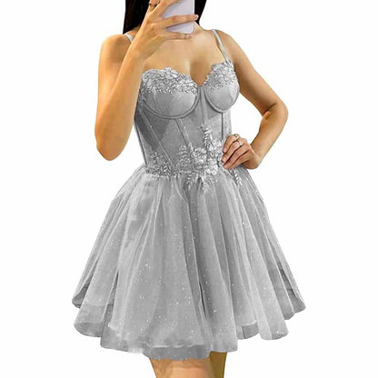 3D Flowers Glitte Tulle Homecoming Dress Spaghetti Straps Sweetheart Short Prom Dress