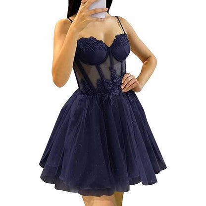 3D Flowers Glitte Tulle Homecoming Dress Spaghetti Straps Sweetheart Short Prom Dress