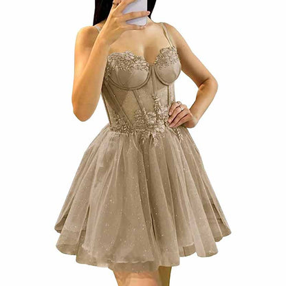 3D Flowers Glitte Tulle Homecoming Dress Spaghetti Straps Sweetheart Short Prom Dress