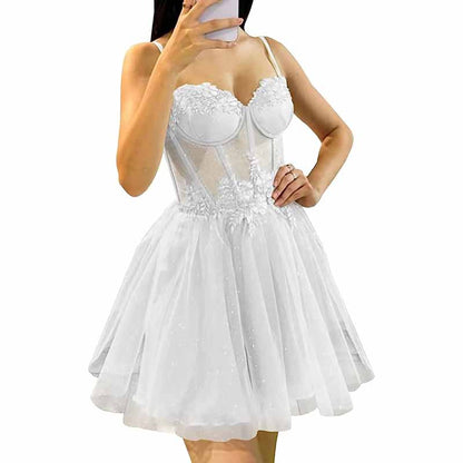 3D Flowers Glitte Tulle Homecoming Dress Spaghetti Straps Sweetheart Short Prom Dress