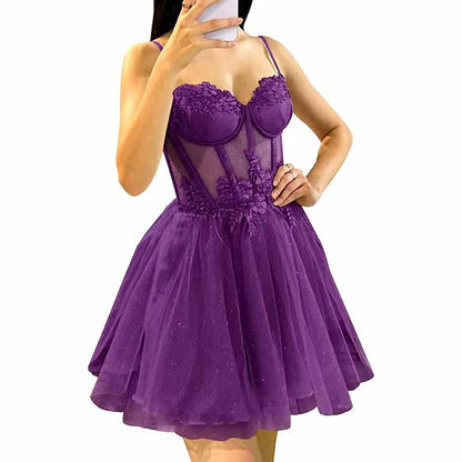 3D Flowers Glitte Tulle Homecoming Dress Spaghetti Straps Sweetheart Short Prom Dress