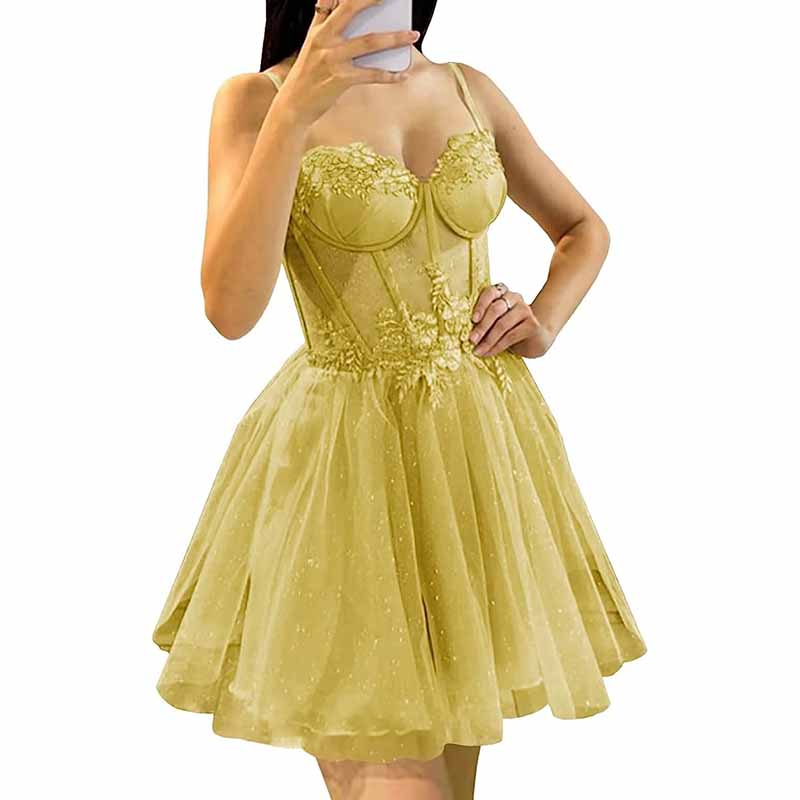 3D Flowers Glitte Tulle Homecoming Dress Spaghetti Straps Sweetheart Short Prom Dress