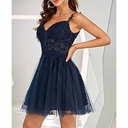 Junior's Spaghetti Straps Lace Homecoming Dress for Teens Tulle Short Prom Dresses