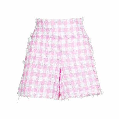 Women's Purple & White Tweed Houndstooth Luxury Fitted Double Breasted Blazer with Lion Buttons