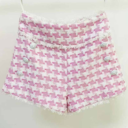 Women's Purple & White Tweed Houndstooth Luxury Fitted Double Breasted Blazer with Lion Buttons