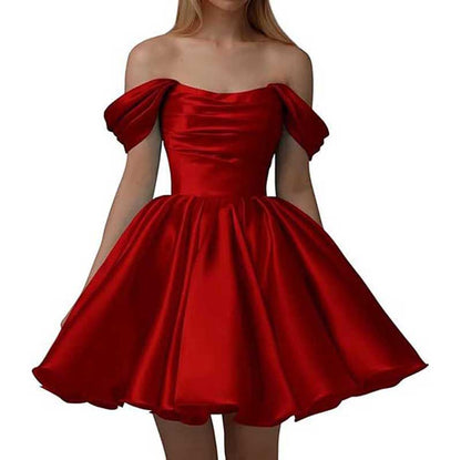 Off-The-Shoulder Homecoming Dresses Short Satin Prom Dresses