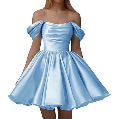 Off-The-Shoulder Homecoming Dresses Short Satin Prom Dresses