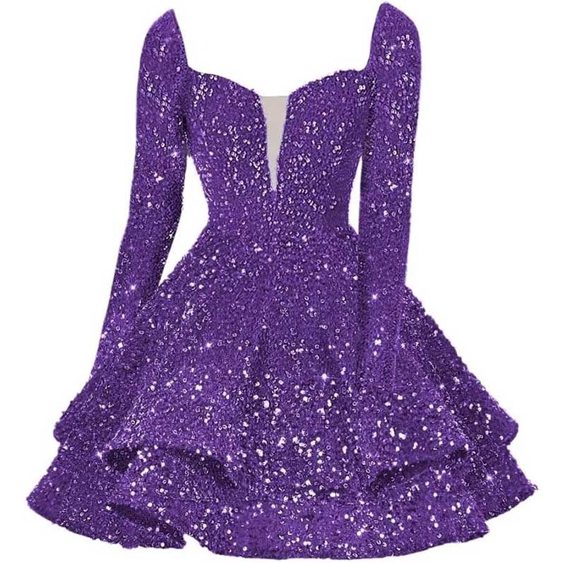 Long Sleeve Sequin Prom Dresses Short A Line Mini Event Party Cocktail Gown