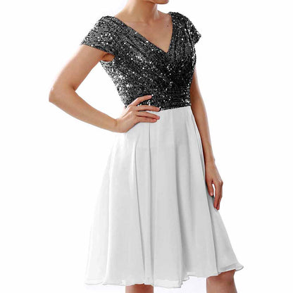 Women Bridesmaid Dress Midi Mother of Bride Dresses Sequin Cap Sleeves Wedding Party Dress