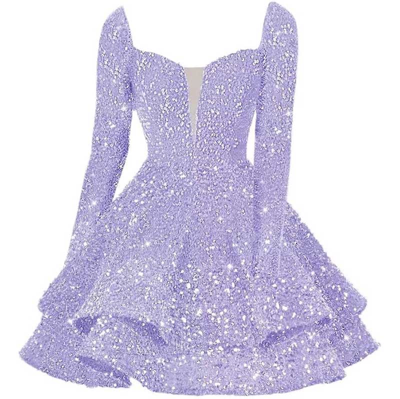 Long Sleeve Sequin Prom Dresses Short A Line Mini Event Party Cocktail Gown