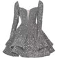 Long Sleeve Sequin Prom Dresses Short A Line Mini Event Party Cocktail Gown