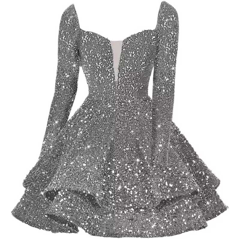 Long Sleeve Sequin Prom Dresses Short A Line Mini Event Party Cocktail Gown