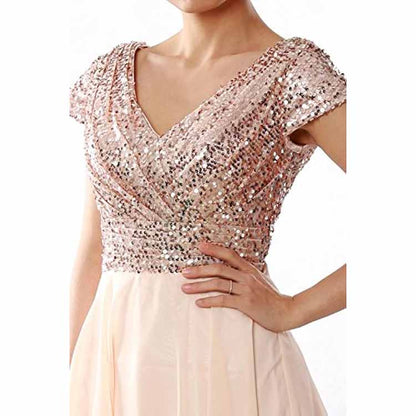 Women Bridesmaid Dress Midi Mother of Bride Dresses Sequin Cap Sleeves Wedding Party Dress