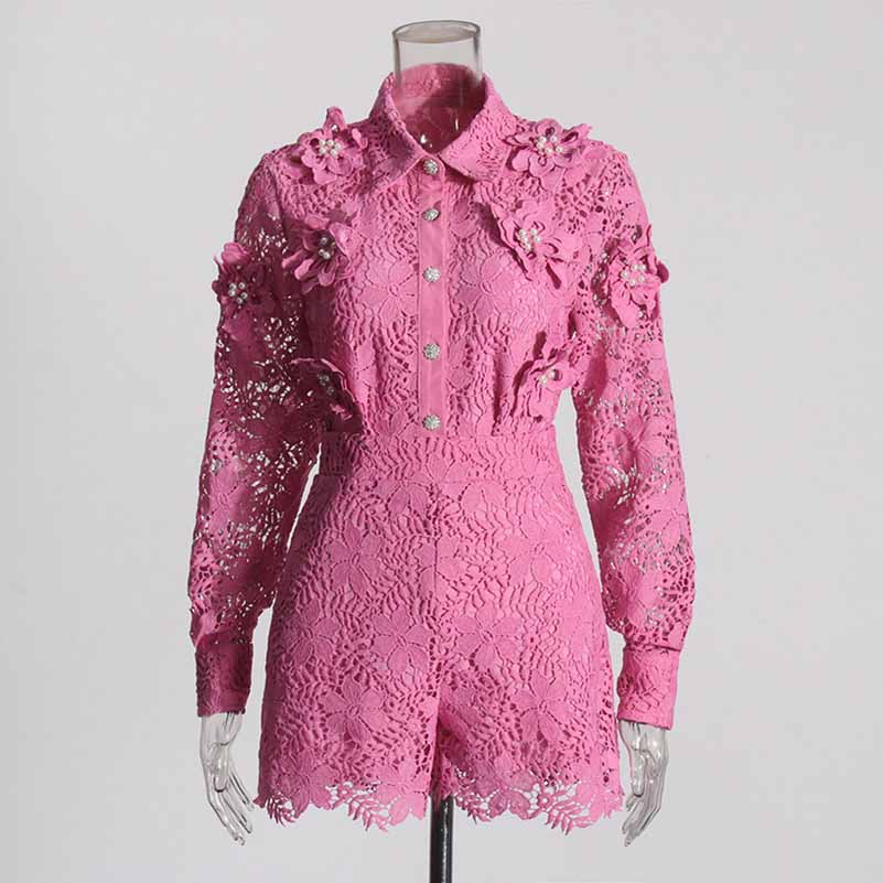 Women Hollow Out Shirt & Short Set Floral 2-Piece Suit Lace Shorts Set