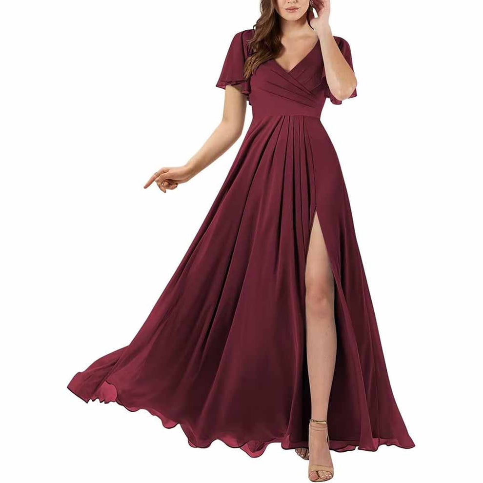 Short Sleeve Bridesmaid Dresses Long with Slit V Neck Chiffon Formal D