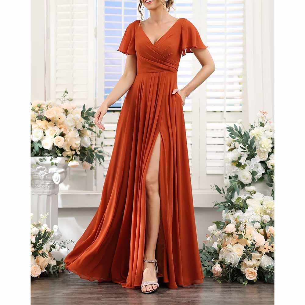 Short Sleeve Bridesmaid Dresses Long with Slit V Neck Chiffon Formal D