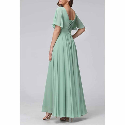 Short Sleeve Bridesmaid Dresses Long with Slit V Neck Chiffon Formal Dresses