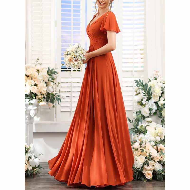 Short Sleeve Bridesmaid Dresses Long with Slit V Neck Chiffon Formal D