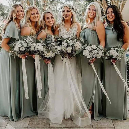 Short Sleeve Bridesmaid Dresses Long with Slit V Neck Chiffon Formal Dresses