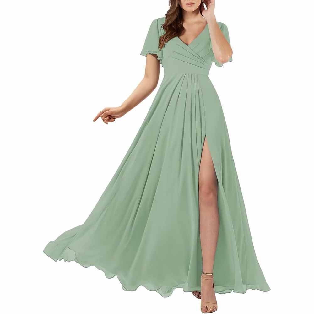 Short Sleeve Bridesmaid Dresses Long with Slit V Neck Chiffon Formal D