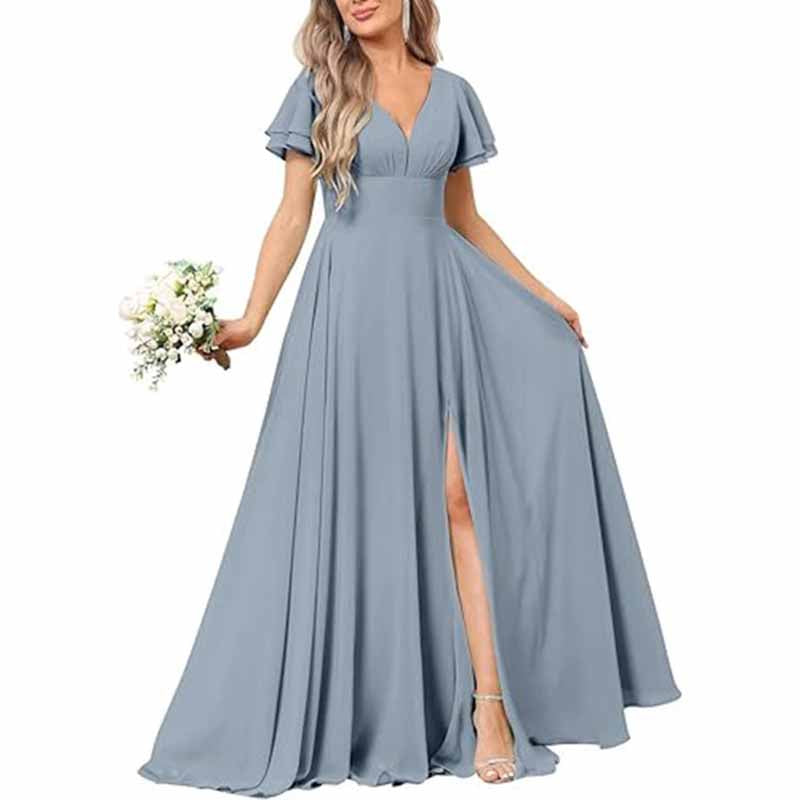 Women's Chiffon Bridesmaid dress high split wedding guest dress