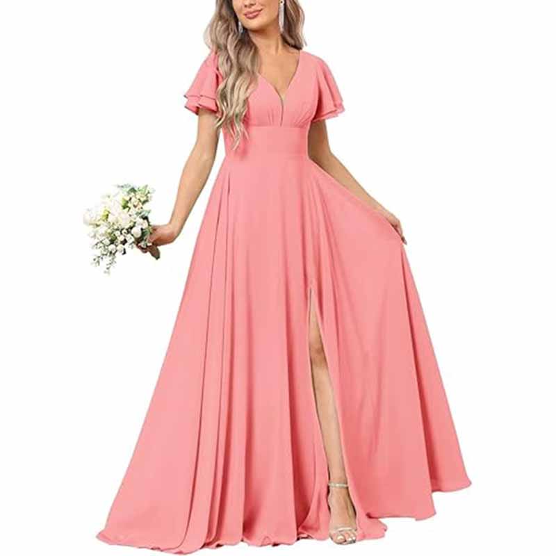 Women's Chiffon Bridesmaid dress high split wedding guest dress