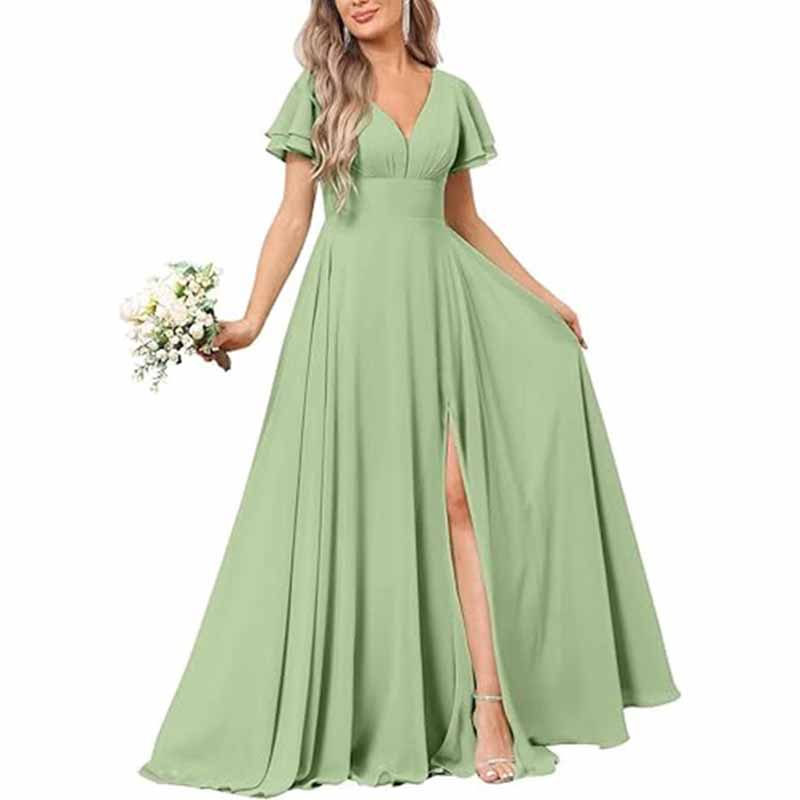 Women's Chiffon Bridesmaid dress high split wedding guest dress