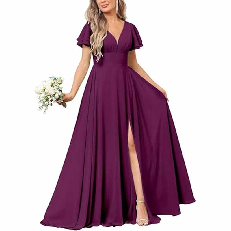 Women's Chiffon Bridesmaid dress high split wedding guest dress