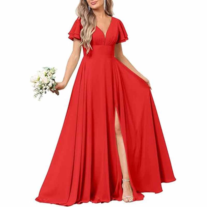 Women's Chiffon Bridesmaid dress high split wedding guest dress