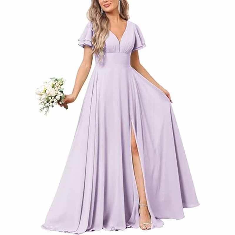 Women's Chiffon Bridesmaid dress high split wedding guest dress