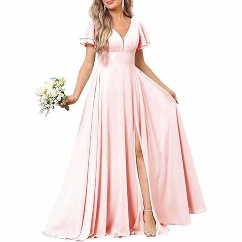 Women's Chiffon Bridesmaid dress high split wedding guest dress