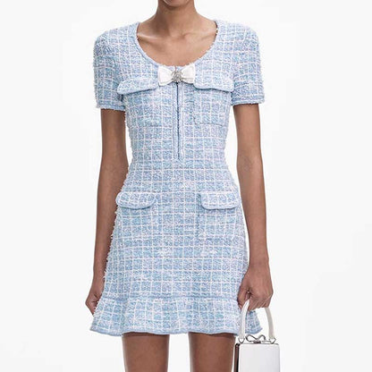 Check Knitted Mini Dress Short Sleeves